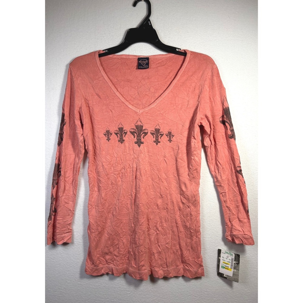 Sledge USA Top Women XL Pink Like New Fleur De Lis Graphic V-Neck Long Sleeve